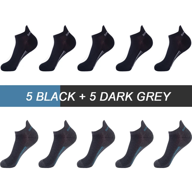 10Pairs High Quality Men Ankle Socks Breathable Cotton Sports Socks Mesh Casual Athletic Summer Thin Cut Short Sokken Size 38-44 5 Black 5 Dark grey
