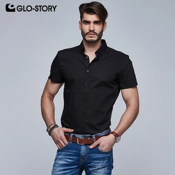 

GLO-STORY Summer Short Sleeve Formal Shirts For Men 2020 Plus Size Slim Fit Black and White Dresses Shirts MCS-7884