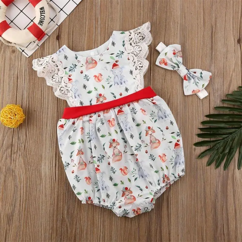 Рождественский Комбинезон для маленьких девочек 0-24 месяцев, кружевной комбинезон с цветочным принтом, костюм без рукавов, Рождественская одежда для маленьких девочек