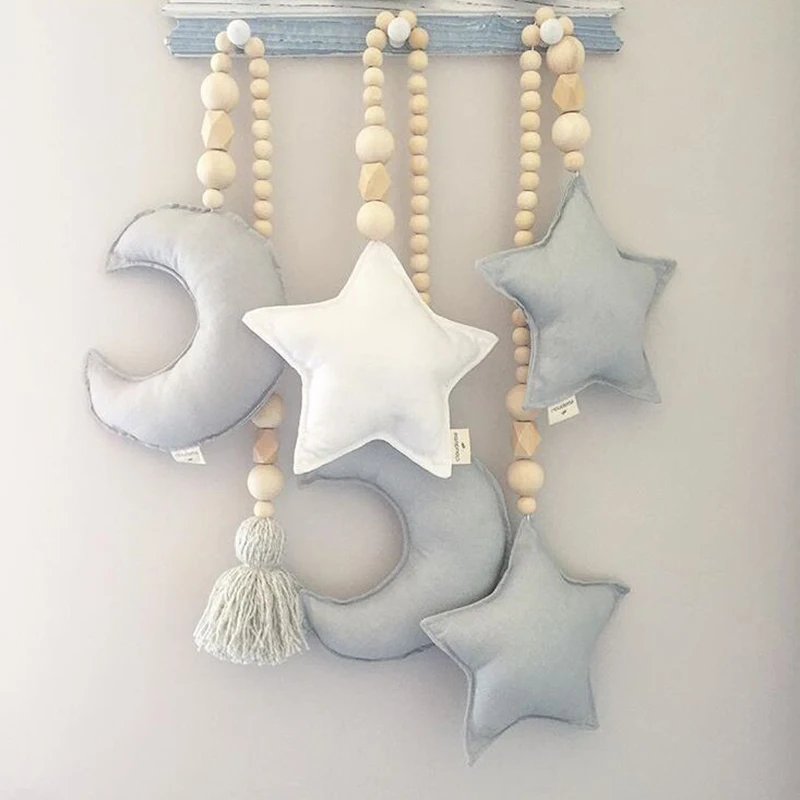 

Baby Decoration Children's Room Moon Star Wooden Bead String Hanging Pole Nordic Crib Tent Photography Props Gifts Ornaments