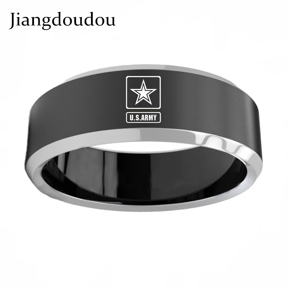 

Customized Name DIY 8mm Black/ Silver/ Gold/ Blue Laser Logo Titanium Rings Anti-allergy Military Faith US Army Ring for Mens