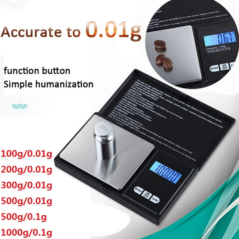 1 шт. цифровые весы 100/200/300/500/1000g 0 01/0 1g точный ЖК-дисплей Дисплей Карманные