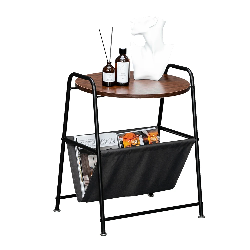 

HODELY Wood Color Two-Layer Trapezoidal Belt Oxford PVC Waterproof Cloth Book Bag Wrought Iron Side Table US warehouse