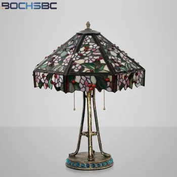 Best BOCHSBC Stained Glass Blue Orchid Red Cherry Tiffany Styel Lampshade Desk Lamp Alloy Tree Jade Frame Home Decortive Table Lights
