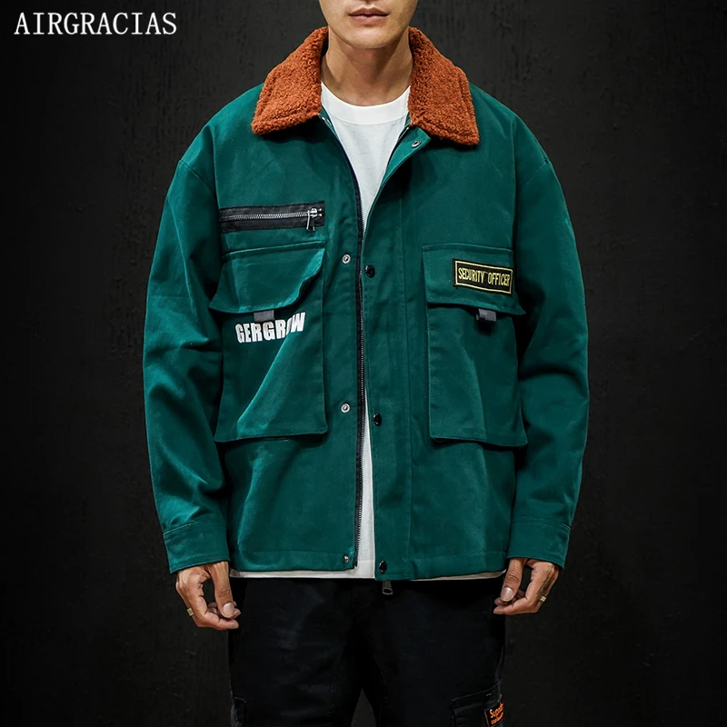 

AIRGRACIAS 2019 Autumn Jacket Men 100% Cotton Overcoat Casual Green Jackets Men Loose streetwear Coats Mens Brand Clothing