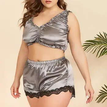 

2020 New Pyjamas Sexy Lace Lingerie Silk Underwear Sleepwear Nightdress Pajamas Satin Cute Cami Top Short pijama mujer D