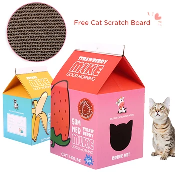 

Cute Juice Box Cat House Cat Bed Corrugated Paper Cat Scratch Board, Cat Nest Sofa Grinding Claw Toy