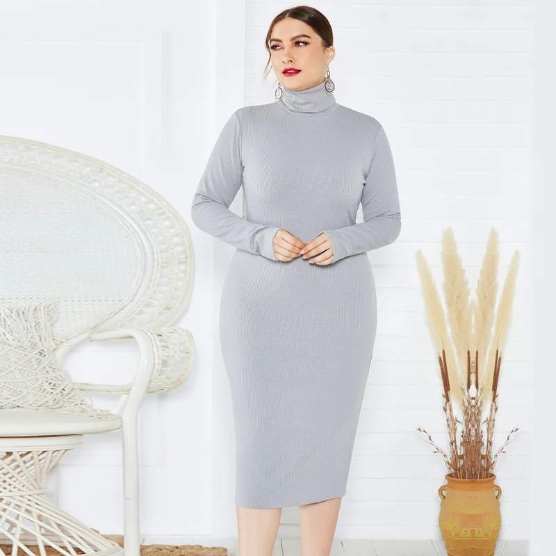 

Laughido Plus Size Elastic Knitted Dress Women Turtleneck Dress Vestidos Slim Ribbed Autumn Winter Robe Elegant Midi Dresses