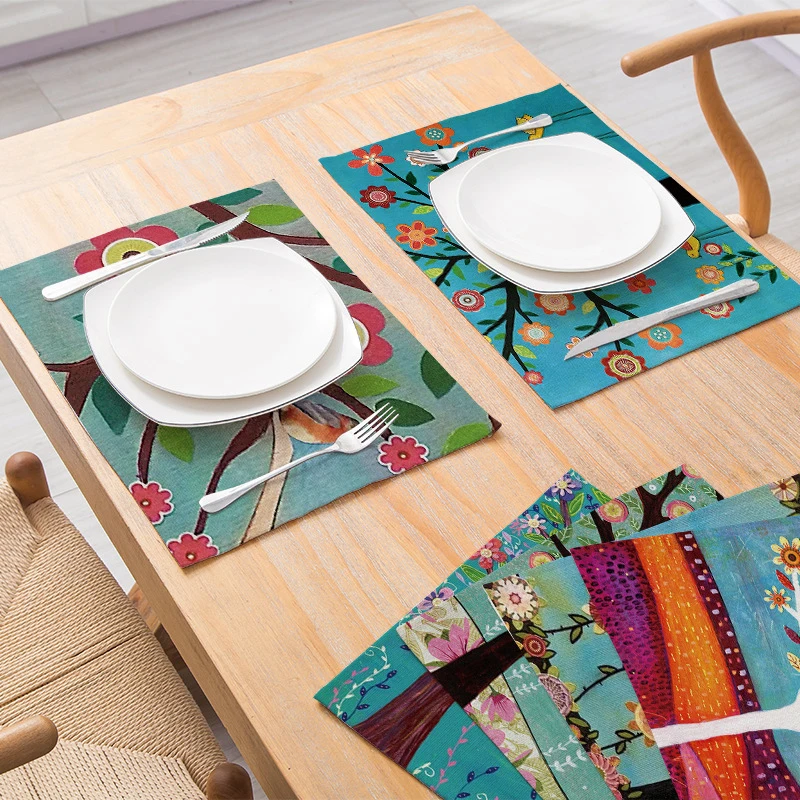 

Fashion Floral Printed Cotton Linen Square Dining Table Placemats Waterproof Table Mats Non-Slip Heat Resistant Coaster Cushion