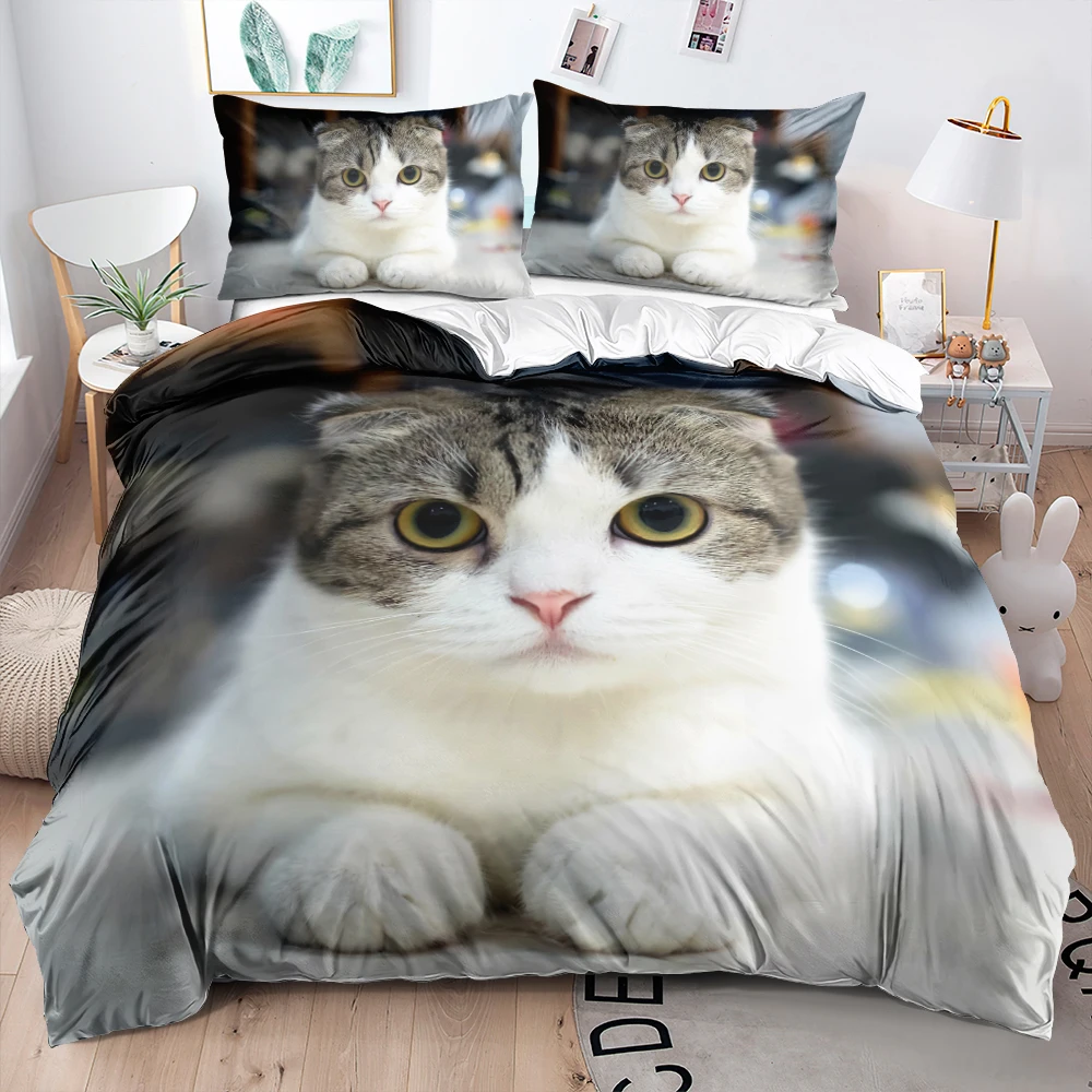 

3D Pet Cat White Custom Linens Bed Duvet Cover Comforter Cases Set Pillow Covers Twin King Queen Double Single Size Beddings