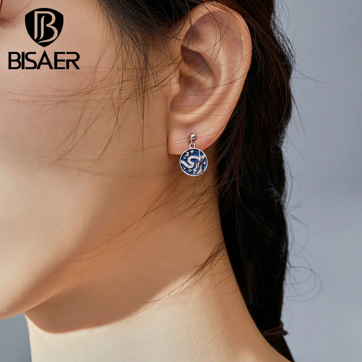 Серьги со звездами, BISAER, 925 пробы, серебряная, синяя эмаль, светящиеся, звездное небо, серьги-гвоздики для женщин, модные серьги, ювелирное изделие, ECE780