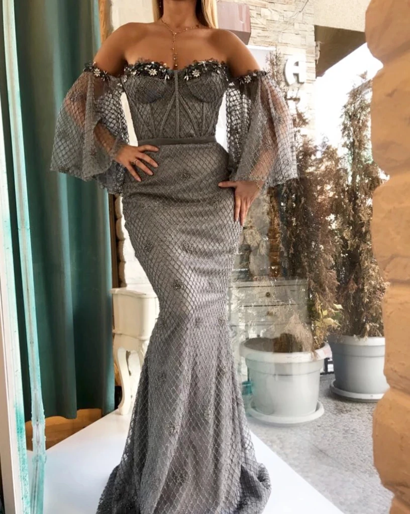 

Gray Moroccan Evening Dresses Mermaid Sweetheart Lace Beaded Backless Long Turkey Dubai Saudi Arabia Prom Dress Gown