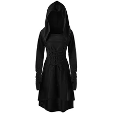  Womens Renaissance Archer cosplay Costumes Hooded Robe Lace Up Vintage Pullover Long Hoodie Dress Cloak Halloween LARP Party 