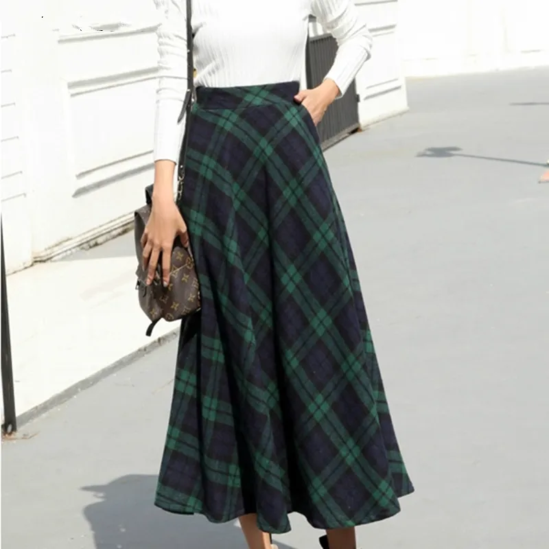 New 2020 High Waist Korean Autumn Winter Women Skirt Plaid In A Cage Woolen Pockets Flared A-Line Maxi | Женская одежда