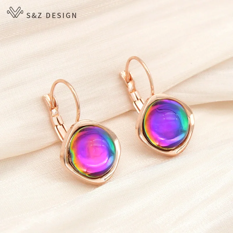 S&Z DESIGN New Fashion Luxury Round Crystal Dangle Earrings For Women Girl Wedding Elegant 585 Rose Gold Color Jewelry