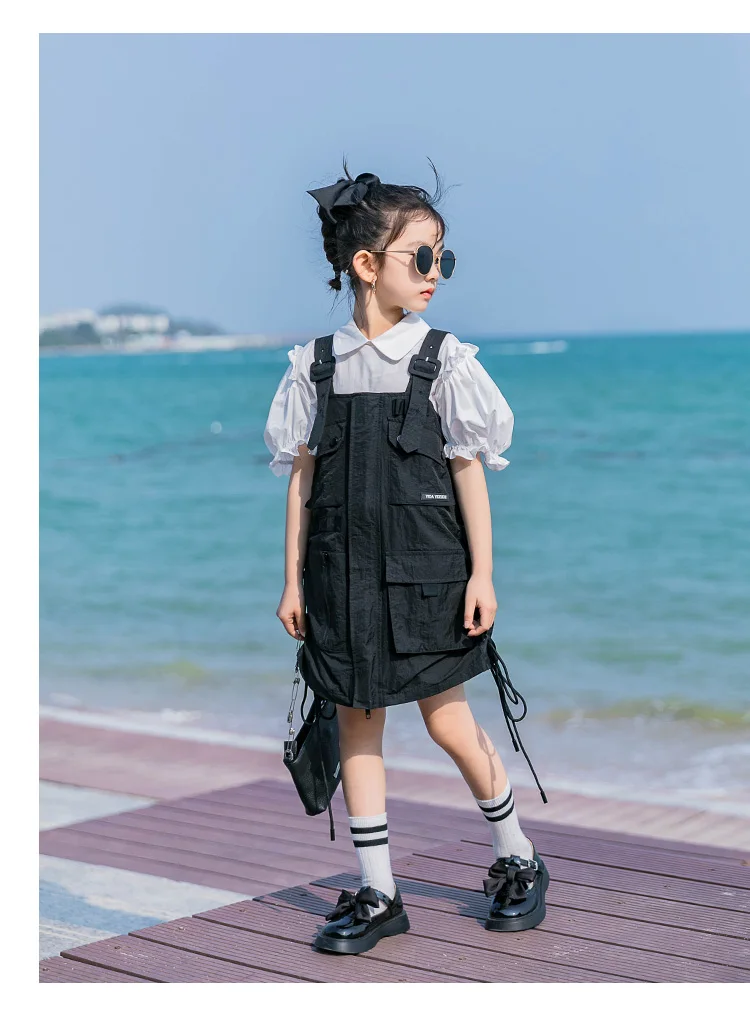 

Baby girl sling dress + shirt 2pcs sets 2021 summer new short sleeve tops + dress children pocket fashion dress kids clothes 123