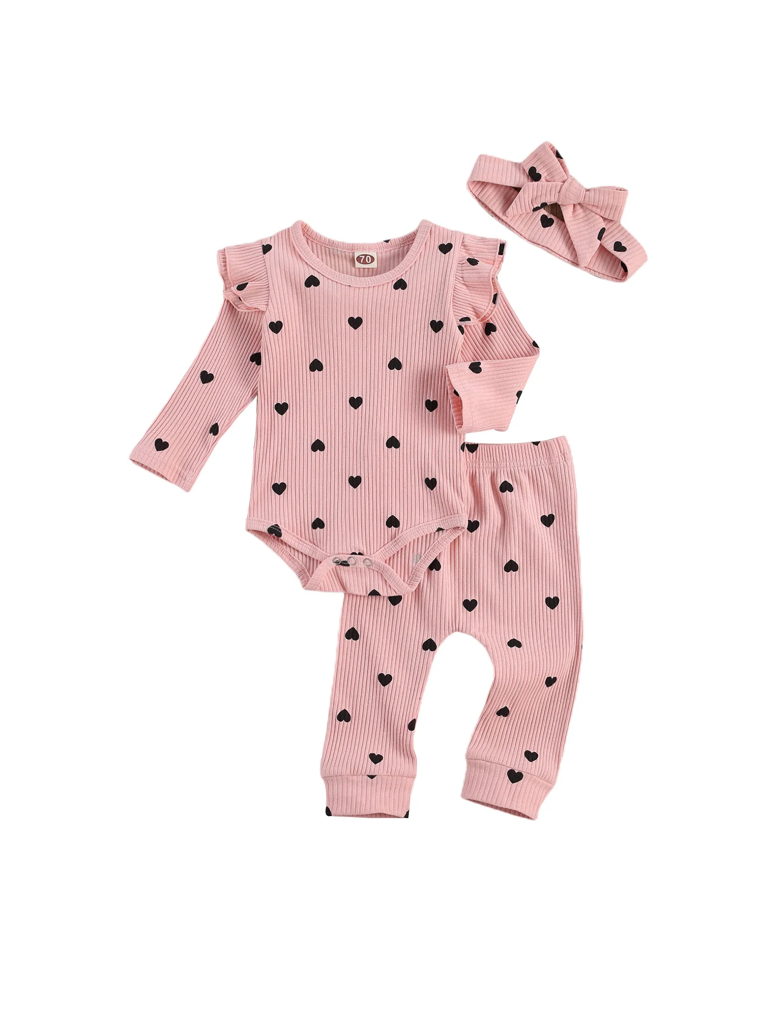Newborn Baby Girl Ribbed Clothes Set Heart Print Crew Neck Lace Long Sleeve Top Long Pants and Hairband 3-piece Suits Baby Clothing Set discount Baby Clothing Set