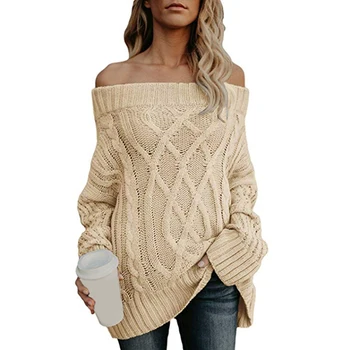 

Women Warmth Thick Sweater Femme Soft Solid Color Pullovers Autumn And Winter Female Sexy Off The Shoulder Sweater