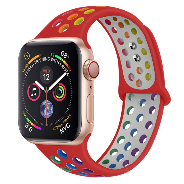Silicone Strap For apple Watch band 44mm 40mm 45mm 41mm 40 44 mm Breathable Accessories watchband bracelet iWatch 3 4 5 se 6 7 rainbow-Red 54