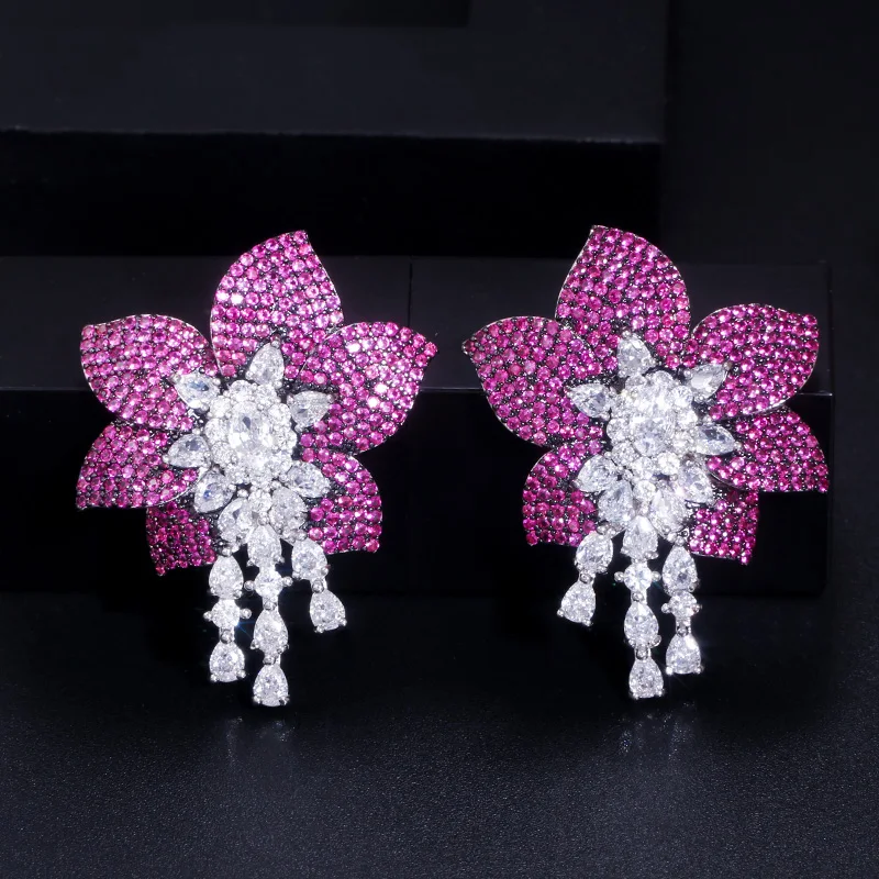 

ThreeGraces Luxury Geometric Flower Leaf Drop Big Dangle Earrings Cubic Zirconia Women Engagement Wedding Party Jewelry E1452