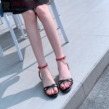 

RIBETRINI Lady Novelty Colorful Sandals Square Heel Thin Belt Brand Casual Office Sandals Women Handmade Party Shoes Woman