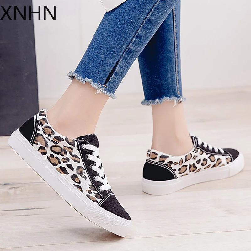 Women Leopard Flats Canvas Vulcanized Shoes Lace Up Fashion Platform Female Casual Walking Comfortable Plus Size 35-43 | Обувь