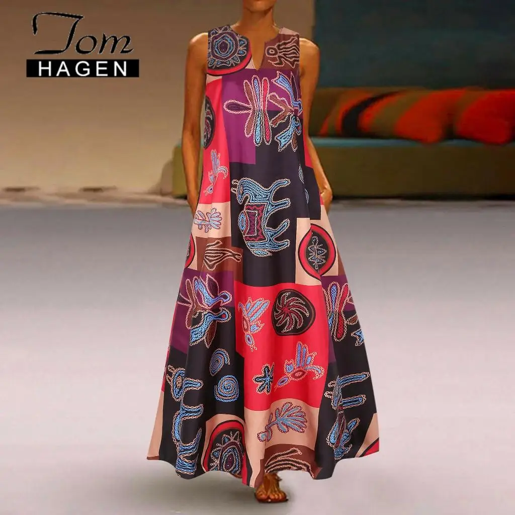 Женское повседневное пляжное платье с принтом винтажное богемное макси большого