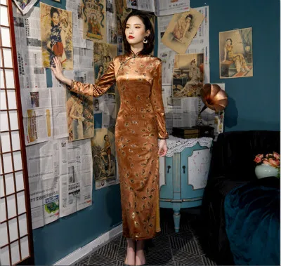 SHENG COCO Chinese китайские платья с длинными рукавами Cheongsam Qipao велюровое позолоченное платье в китайском стиле в стиле ретро женское платье с хвостом павлина Chipao - Цвет: gold long sleeve 907