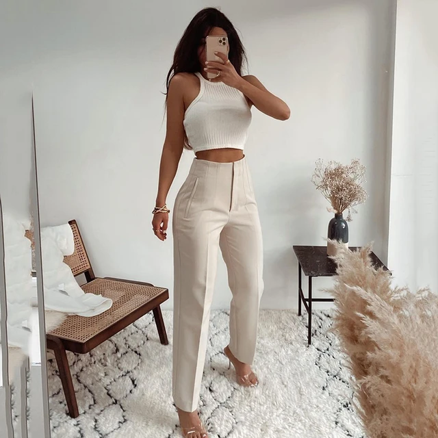 Ardm Fashion High Waisted Casual White Trousers Women Brown