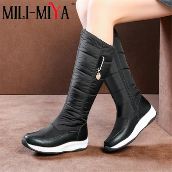 

MILI-MIYA Warm Plush Women Cow Leather Snow Boots Knee High Down Cloth Zipper Solid Color Waterproof Plus Size 34-44 For Ladies