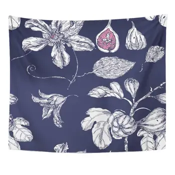 

Tree Pink Tropical with Garden Dates and Flowers on Indigo in White Quince Abstract Tapestry Home Decor Wall Hanging for Living