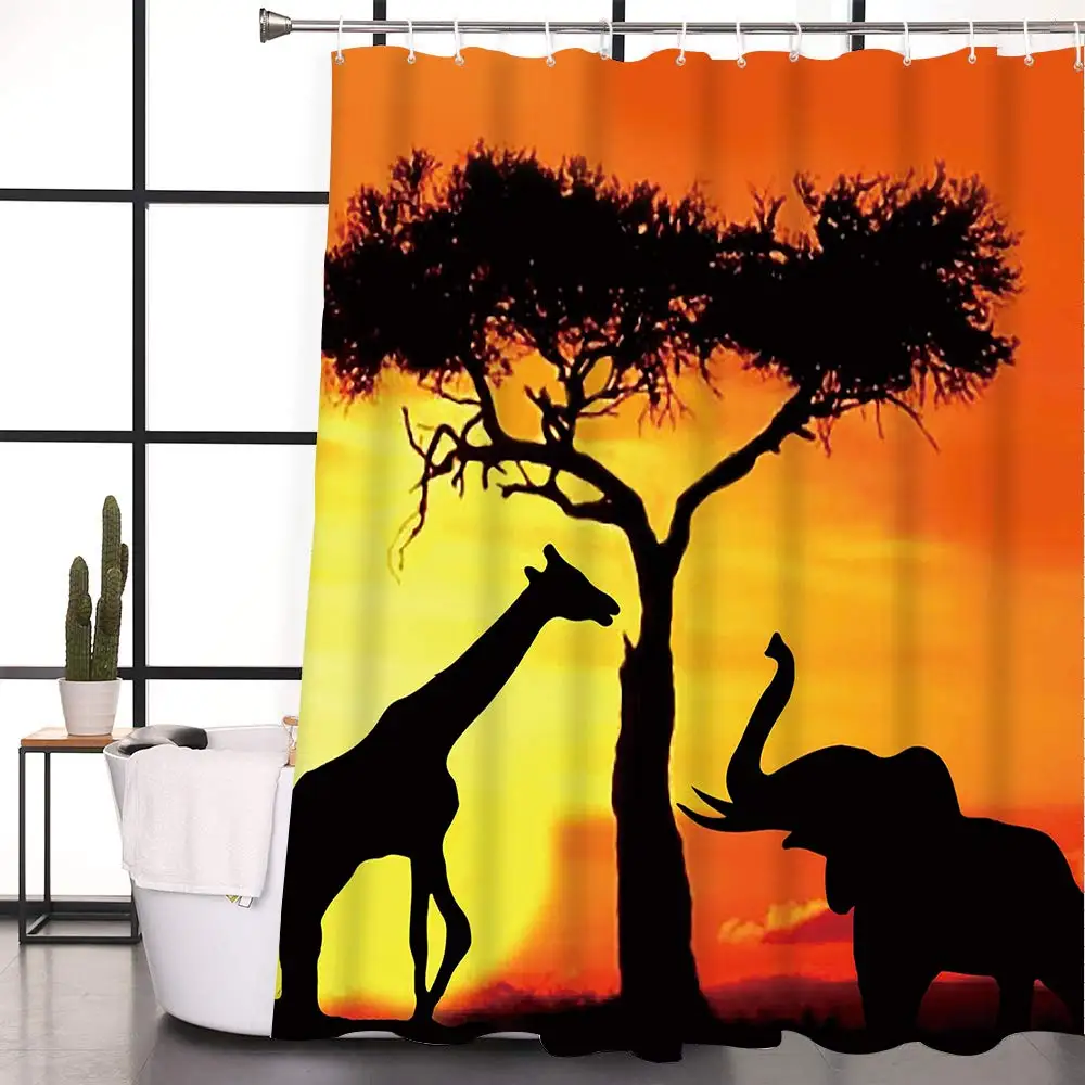 72" Shower Curtain Set Waterproof Fabric African Sunset Animals Elephants Shadow 