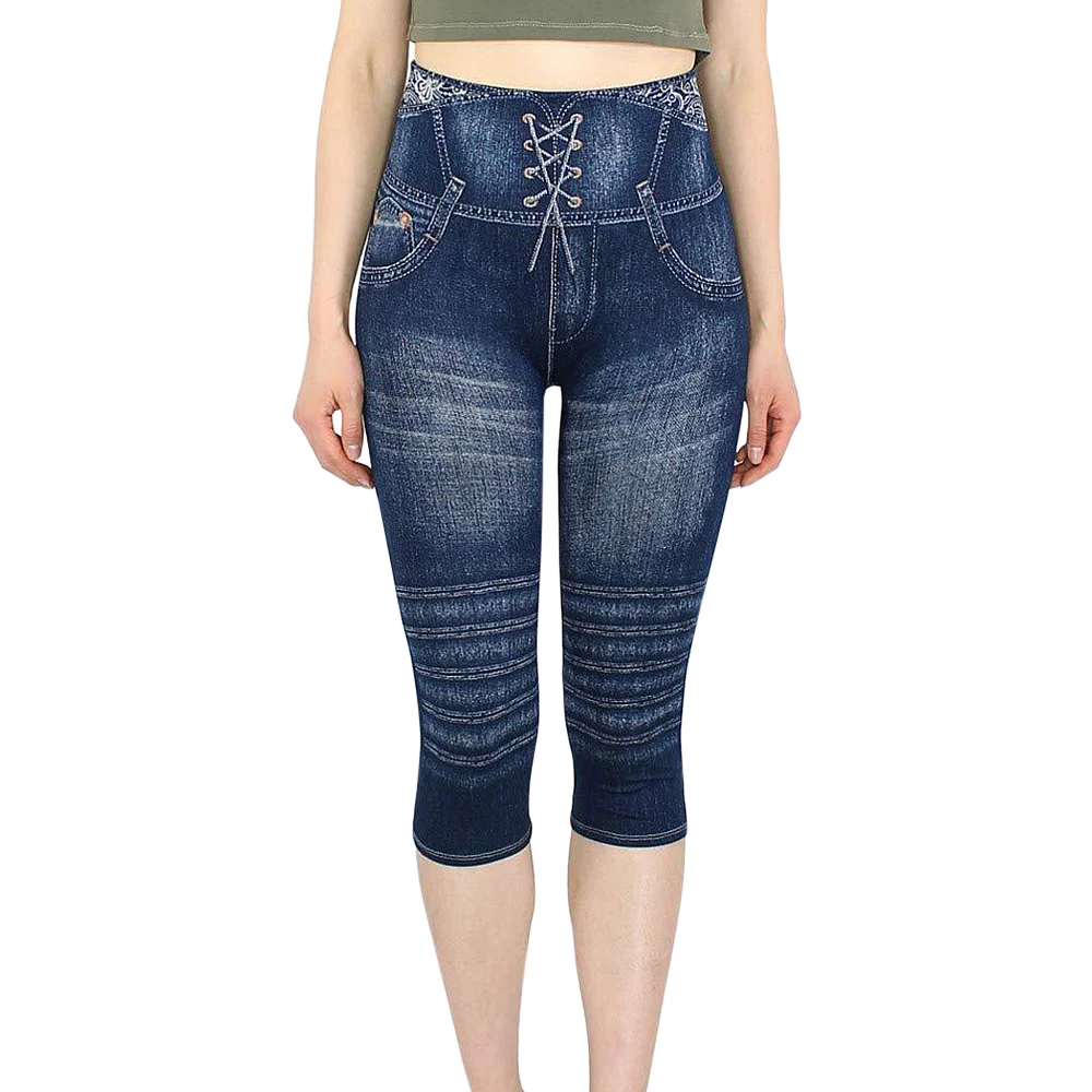 

Women Leggings Imitation Jeans Printed High-waist Elastic Calf-Length - Sport Pant Ladies Workout Fitness Legging Sweatpants