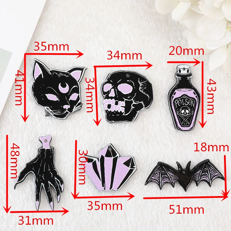 12Pcs Halloween Charms Black Punk Witches Crafts Skull Hand Cat Bat Crystal Acrylic Jewlery Findings For Earring Necklace Diy