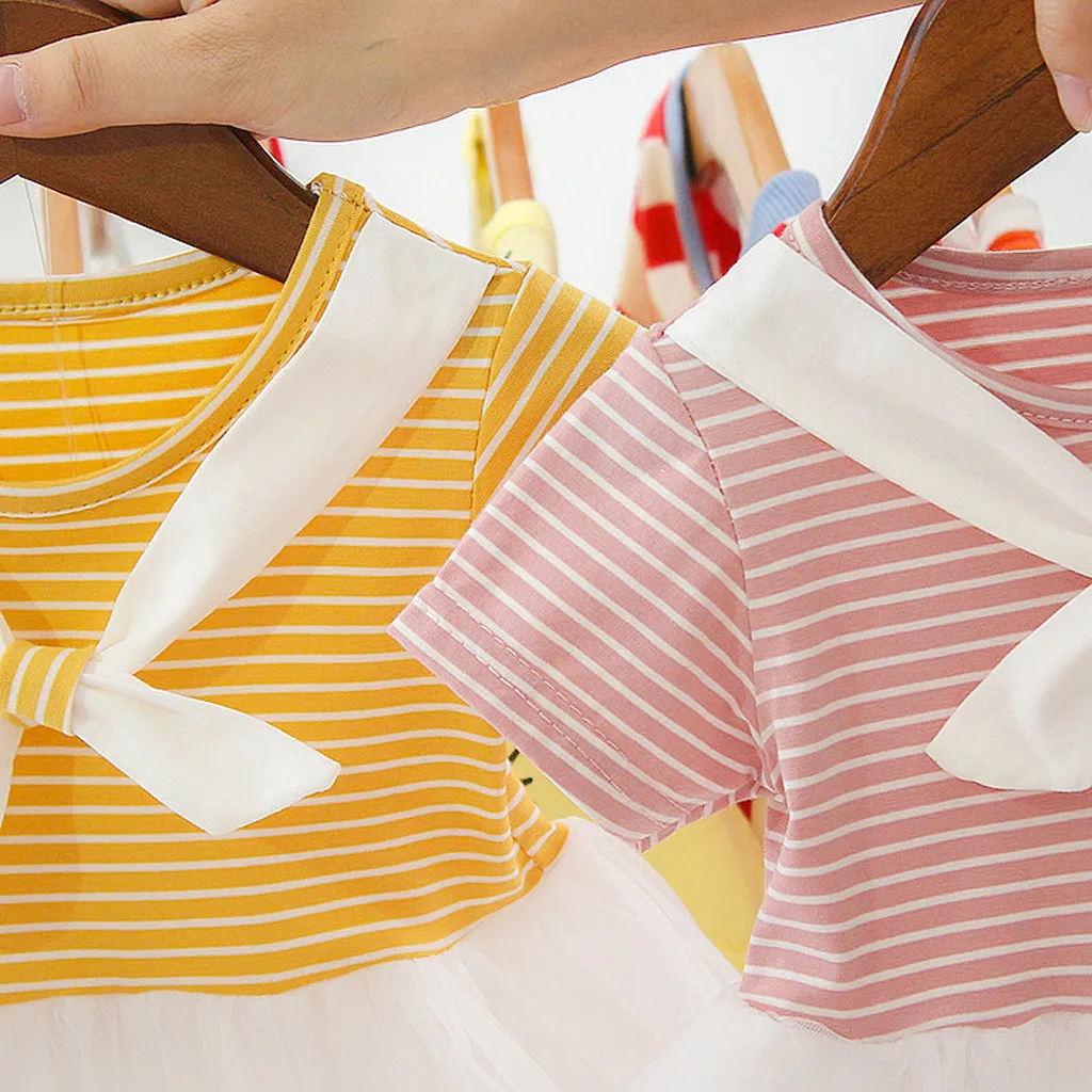 Милое летнее платье принцессы для маленьких девочек; vestidos; Новинка; модное Полосатое Сетчатое газовое платье принцессы с короткими рукавами; платье# pingyou