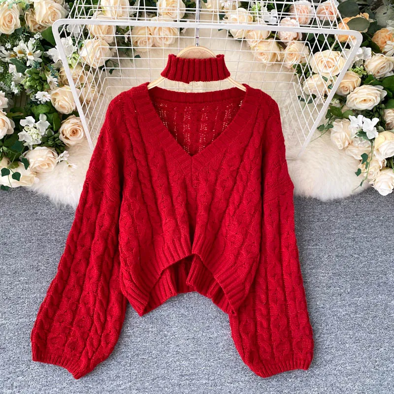 

Ins Sweater Women Loose Outer Wear Puff Sleeve Sexy V-Neck Retro Twist Knit Short Top