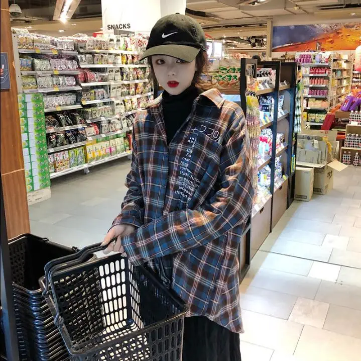 Япония Ulzzang Повседневная рубашка в клетку с лацканами и надписью женские рубашки леди каваи Винтаж Женский Панк Харадзюку туника для женщин топ Ins - Цвет: Синий