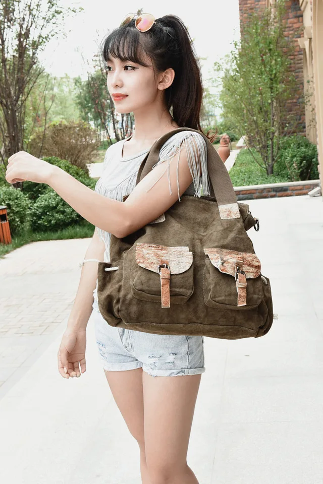 New Style Women’s Canvas Handbag with Hand-Rub Skin Shoulder Casual Women's Crossbody Bag Manufacturers Wholesale