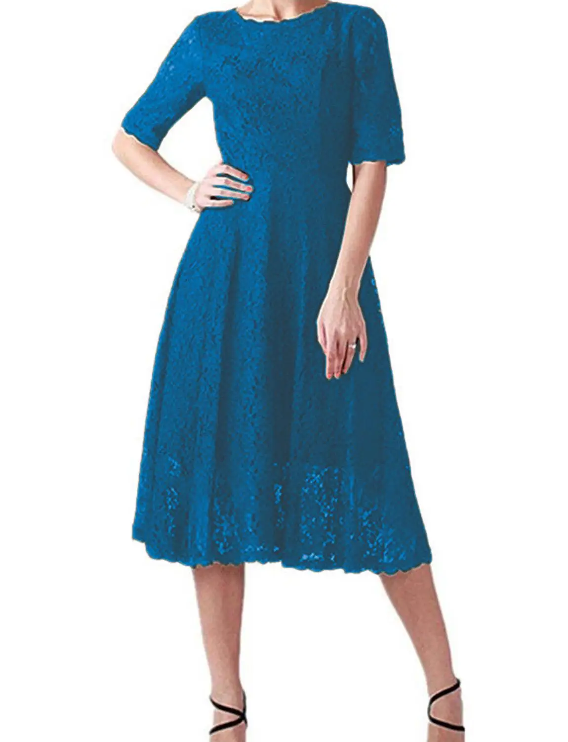 Blue Women's Lace Mother of The Bride Dress Half Sleeve Tea Length Vintage wedding Dresses Party Prom Formal Bridesmaid Gowns - Цвет: Blue