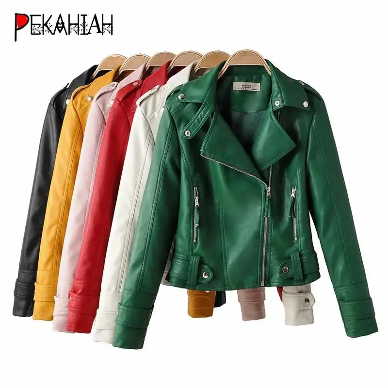 Red leather jacket women long sleeve zipper pink biker jacket modis black coat streetwear korean womens clothes fall 2019