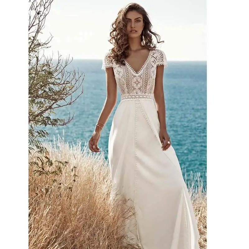 2021 Sexy Boho Lace Chiffon Wedding Dresses V Neck Backless Beach Bride Dress Cap Sleeve Long Bohemian Wedding Gowns A-Line Cheap Vestidos