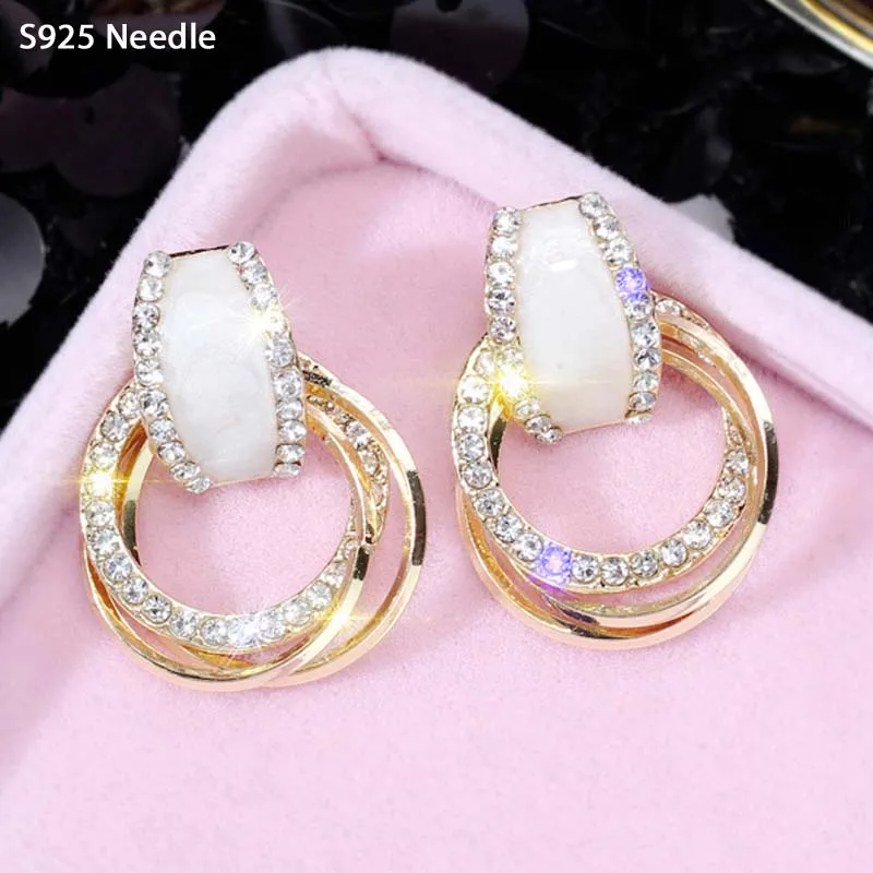 Настоящее 925 пробы, серебряные серьги-гвоздики для женщин, ювелирные изделия, Круглые Кольца, стразы, розовое золото, женские элегантные вечерние серьги