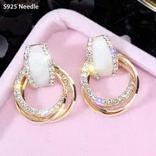 Настоящее 925 пробы, серебряные серьги-гвоздики для женщин, ювелирные изделия, Круглые Кольца, стразы, розовое золото, женские элегантные вечерние серьги