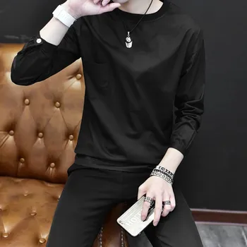 

Mens Casual Pocket T-Shirt Simple Scoop Neck Tops Outwear Black White Brown Thin Male Long Sleeve Tees C91
