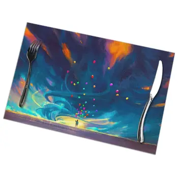 

6 Pcs Placemat Table Mat Child Holding Balloons Standing In Fantasy Storm For Tables Heat-insulation Linen Kitchen Dining Pads