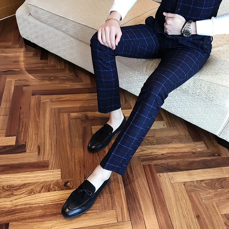 2019 autumn new men's suit pants men's slim plaid slim suit trousers men's fashion cotton plaid  business casual suit trousers