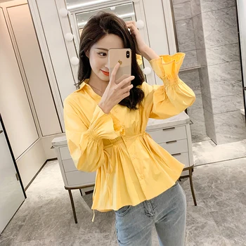 

COIGARSAM Full Sleeve Solid Spring Summer High Waist Belt Women shirts Blue Yellow 6804