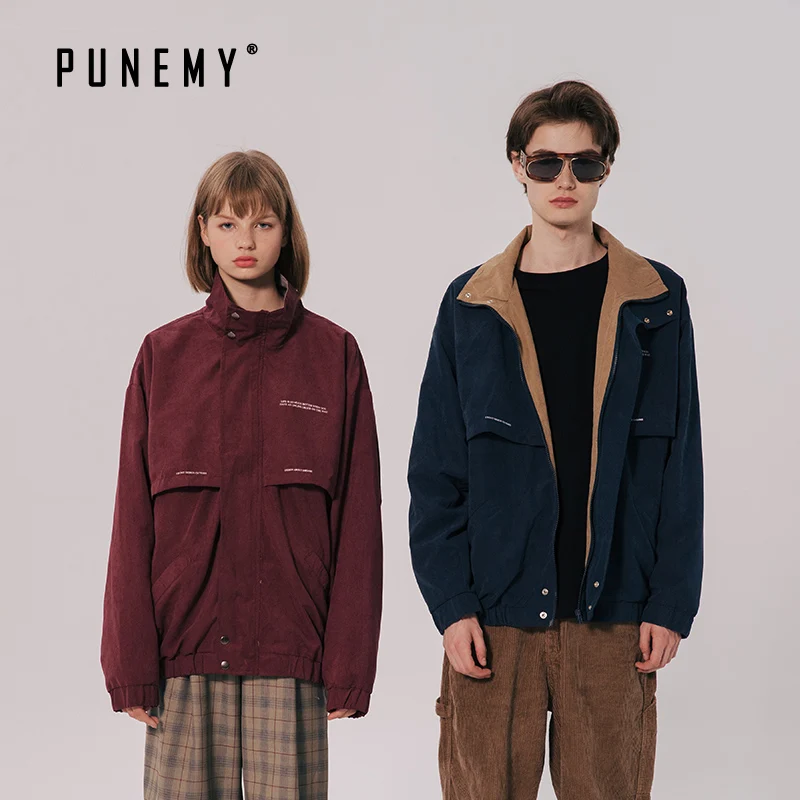 

Retro Harajuku Men Jackets Coats Old School Hip Hop Streetwear Stand Collar Zipper Oversize Cashmere Button Man's Jackets Coats