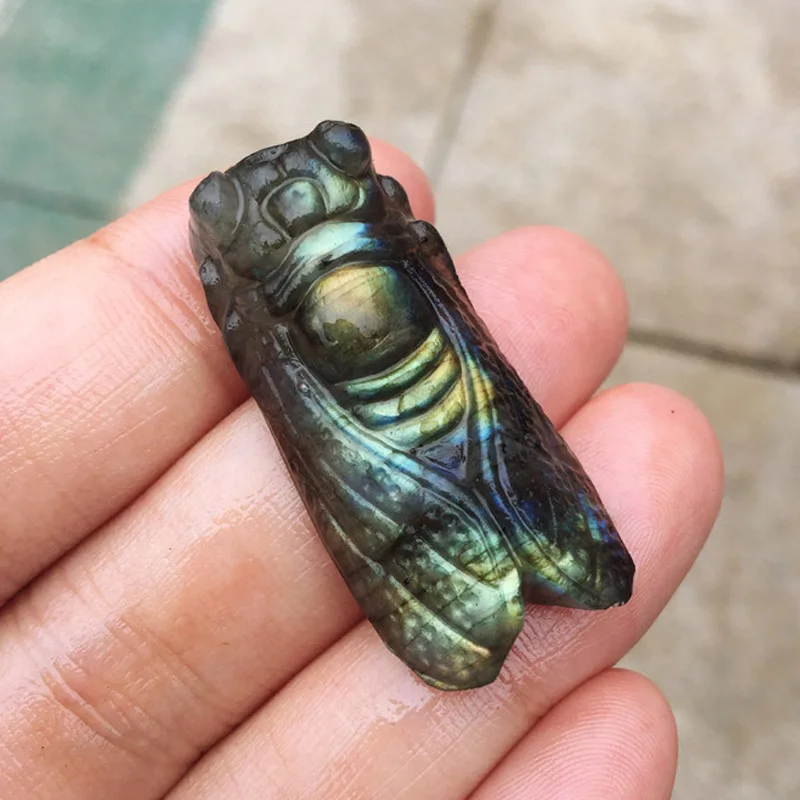 

Beautiful crystal carvings cicadas natural hand-carved labradorite stone cicadas head necklace fashion jewelry gifts 1pcs