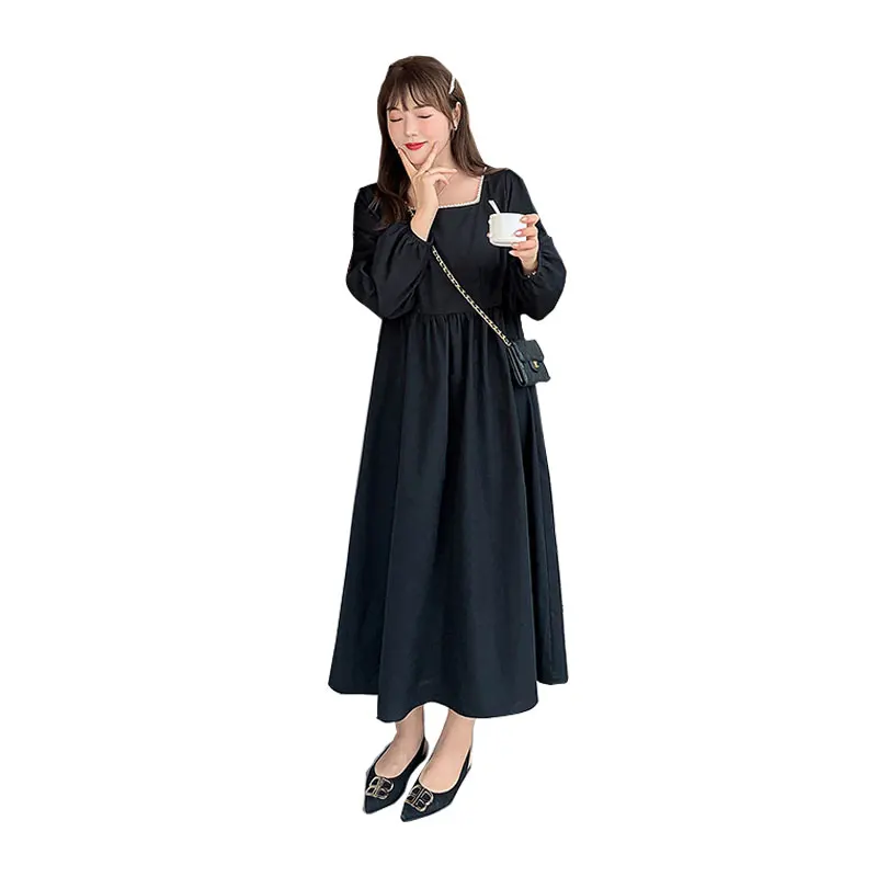 

Women's Autumn French Retro Square Collar Solid Color Dress Plus Size Calf Length Casual Dress 100 kg can be worn